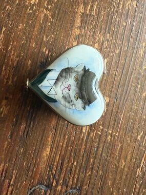 Limoges Heart Trinket Box with Gray Cat Illustration